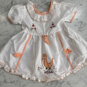 VTG White Cotton Baby Dress Embroidered Duck Floral Ruffle Orange Stripe Trim
